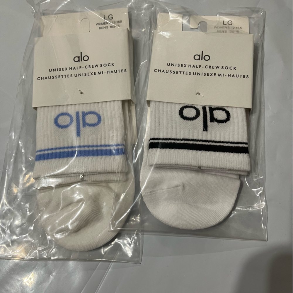 ALO Yoga Unisex Half-Crew Socks - White with Black or Blue Stripe 2 pack